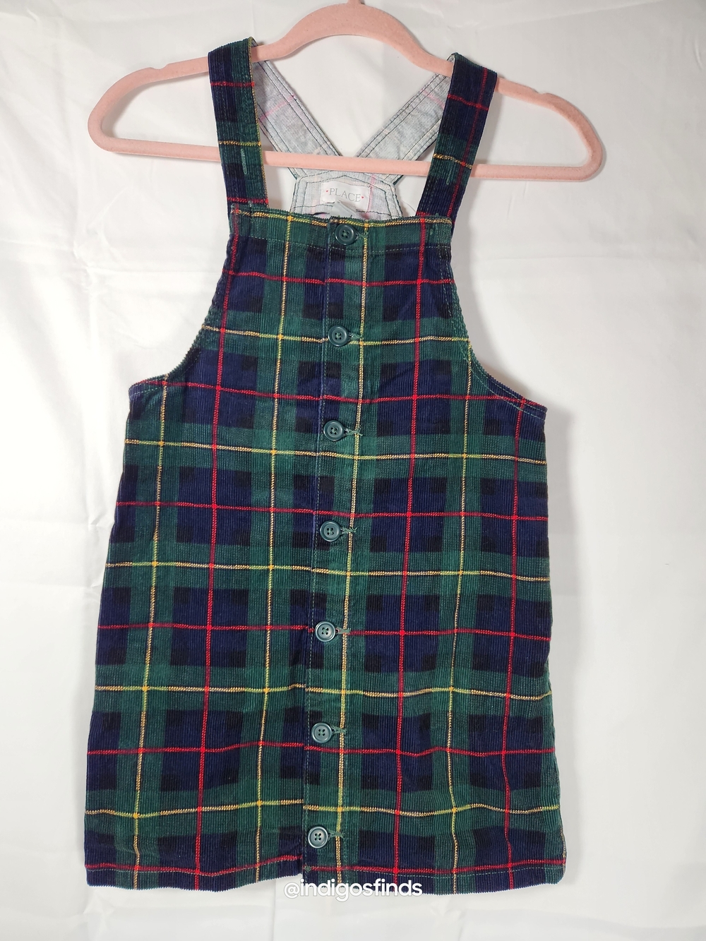 Children's Place Girls Plaid Button-Front Corduroy Overall Dress - Green/Navy